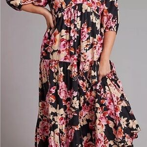 Anthropologie Floral Black and Pink Dress